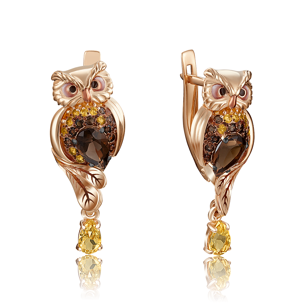 Ювелирное изделие - Серьги в красном золоте с кварцем, цитрином и эмалью в магазине Best-Gold 086383