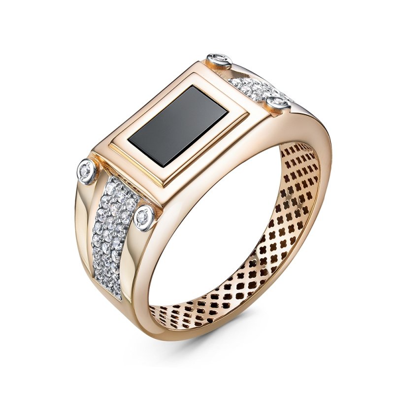 Печатка мужская из красного золота с ониксом и фианитами Ювелирное изделие - Печатка мужская из красного золота с ониксом и фианитами в магазине Best-Gold 130930