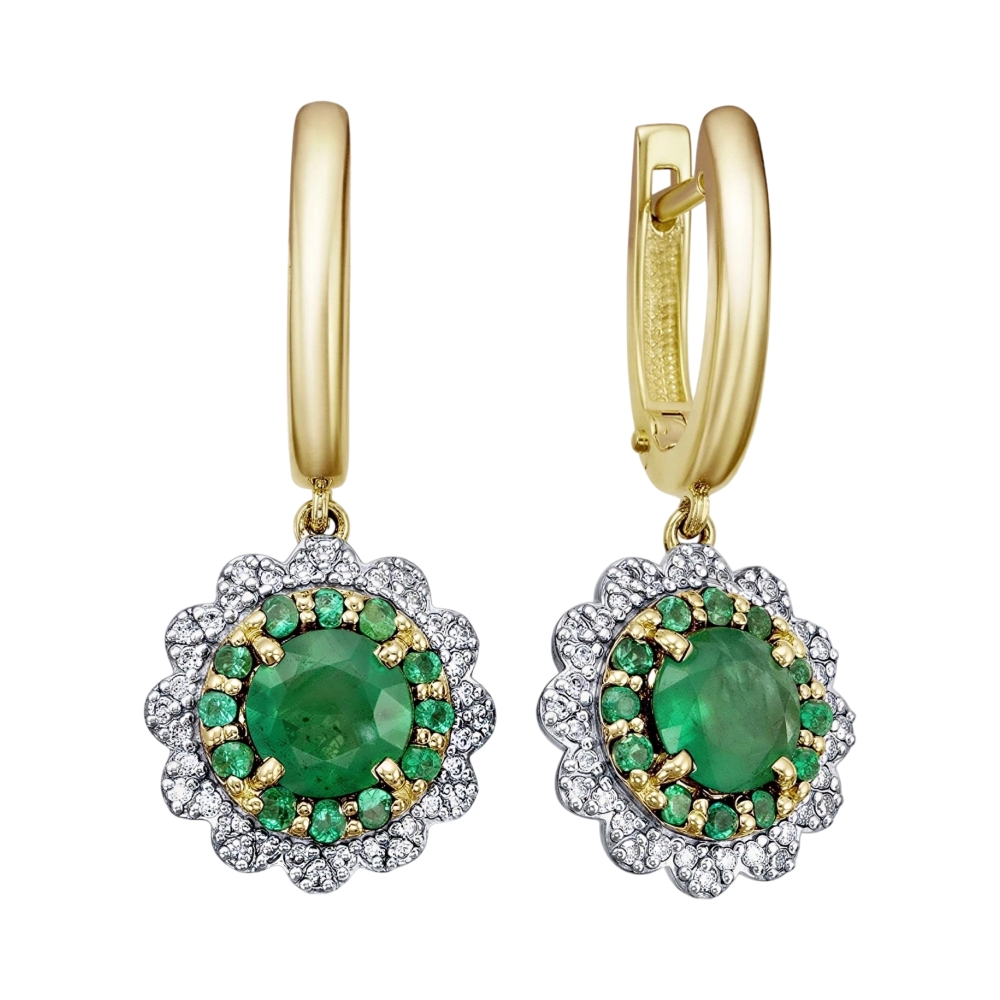 Ювелирное изделие - Серьги из желтого золота с изумрудами и бриллиантами в магазине Best-Gold 142148