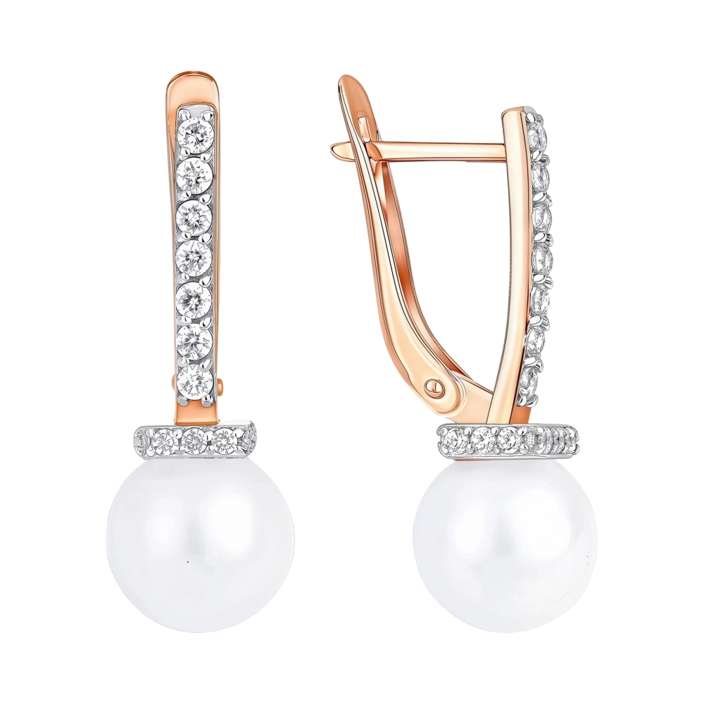 Серьги из красного золота с жемчугом и фианитами Ювелирное изделие - Серьги из красного золота с жемчугом и фианитами в магазине Best-Gold 152943