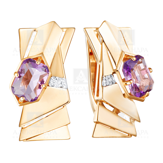 Ювелирное изделие - Серьги из красного золота с аметистами и фианитами в магазине Best-Gold 148765
