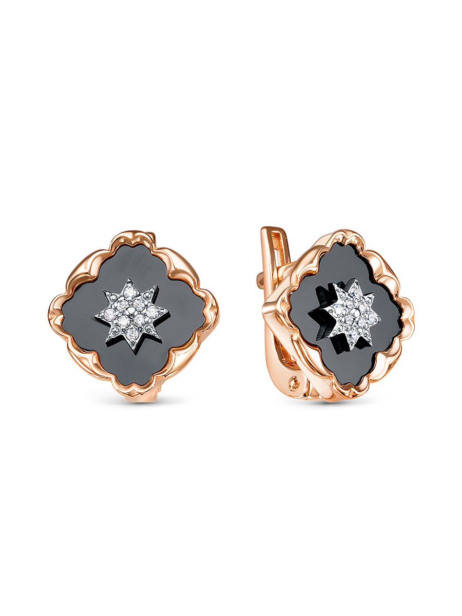 Серьги из красного золота с ониксом и фианитами Ювелирное изделие - Серьги из красного золота с ониксом и фианитами в магазине Best-Gold 149548