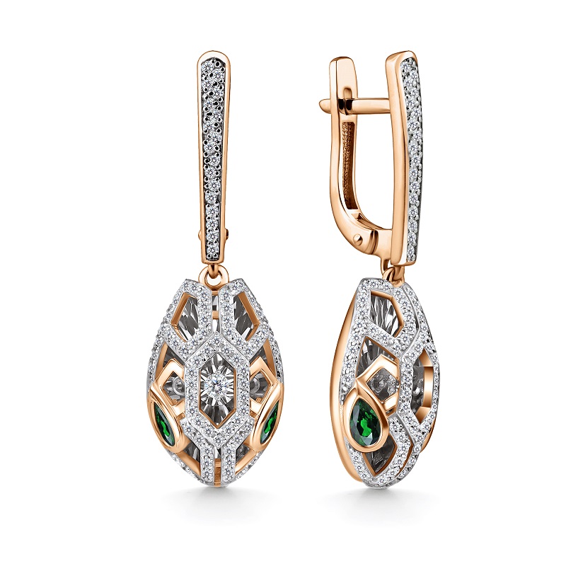 Ювелирное изделие - Серьги из красного золота с изумрудами и бриллиантами в магазине Best-Gold 157296