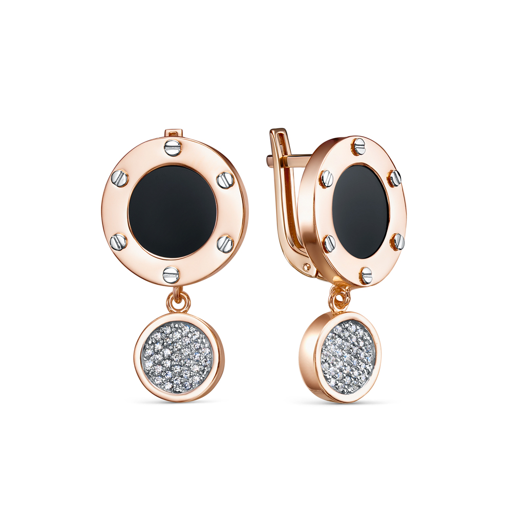 Ювелирное изделие - Серьги из красного золота с ониксом и фианитами в магазине Best-Gold 122714