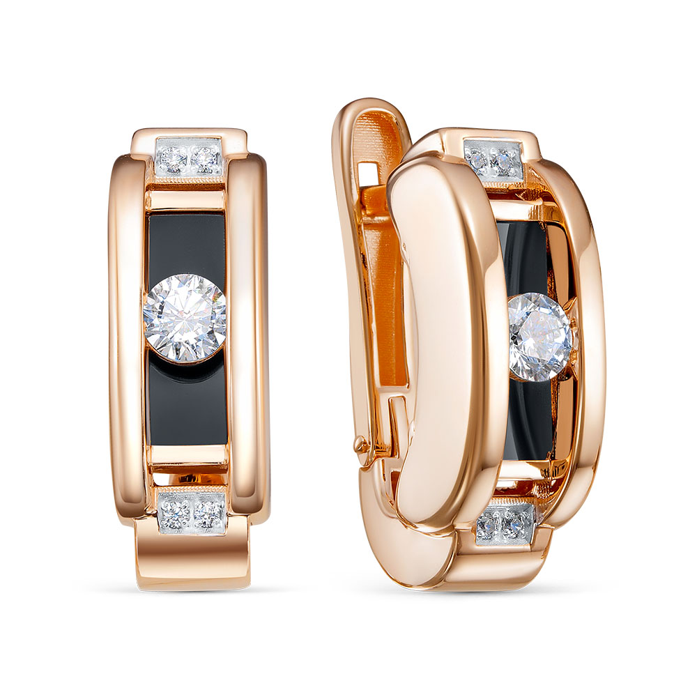 Серьги из красного золота с бриллианитами, ониксом и фианитами