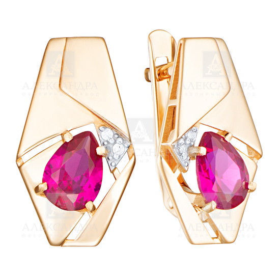 Серьги из красного золота с рубином синт.и фианитами Ювелирное изделие - Серьги из красного золота с рубином синт.и фианитами в магазине Best-Gold 132028