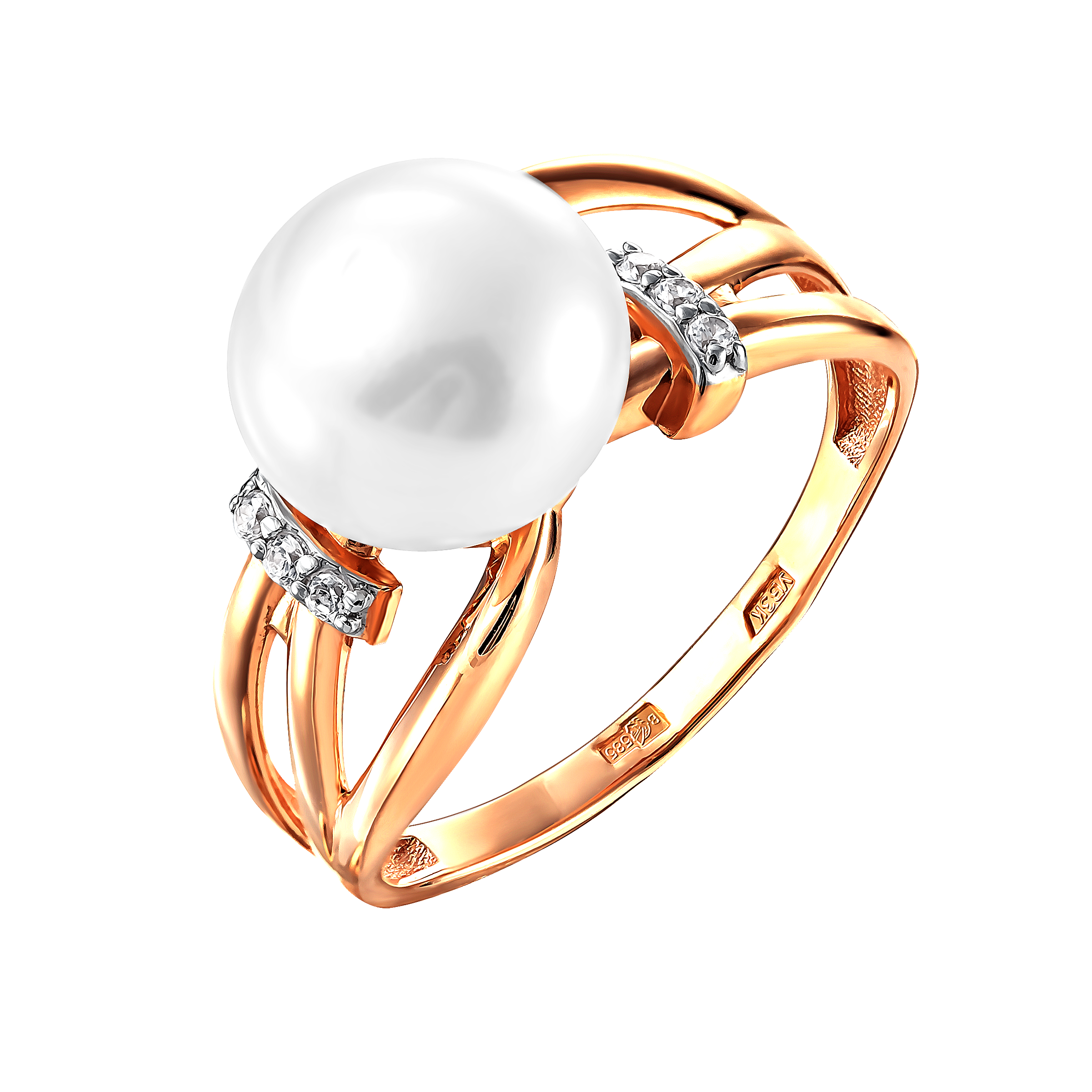 Ювелирное изделие - Кольцо из красного золота с жемчугом и фианитами в магазине Best-Gold 061562