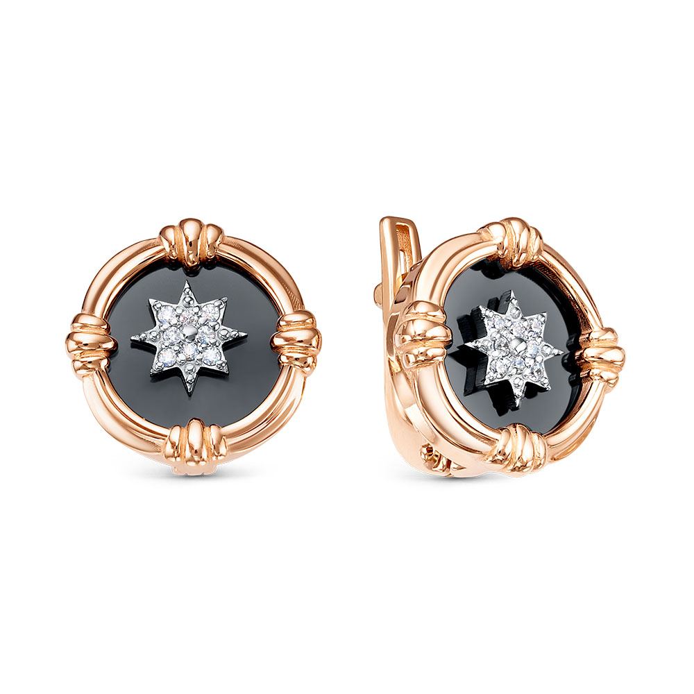 Серьги из красного золота с фианитами и ониксом Ювелирное изделие - Серьги из красного золота с фианитами и ониксом в магазине Best-Gold 147647