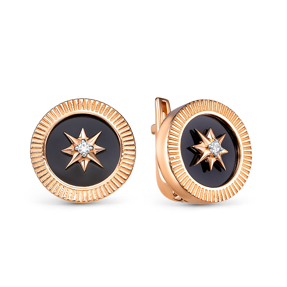 Серьги из красного золота с фианитами и ониксом Ювелирное изделие - Серьги из красного золота с фианитами и ониксом в магазине Best-Gold 147646