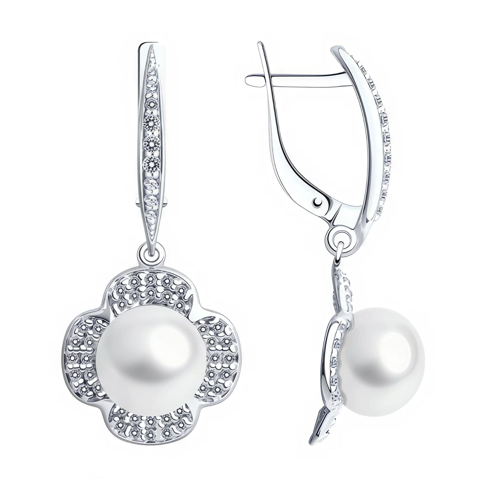 Серьги из серебра с жемчугом и фианитами Ювелирное изделие - Серьги из серебра с жемчугом и фианитами в магазине Best-Gold 152568