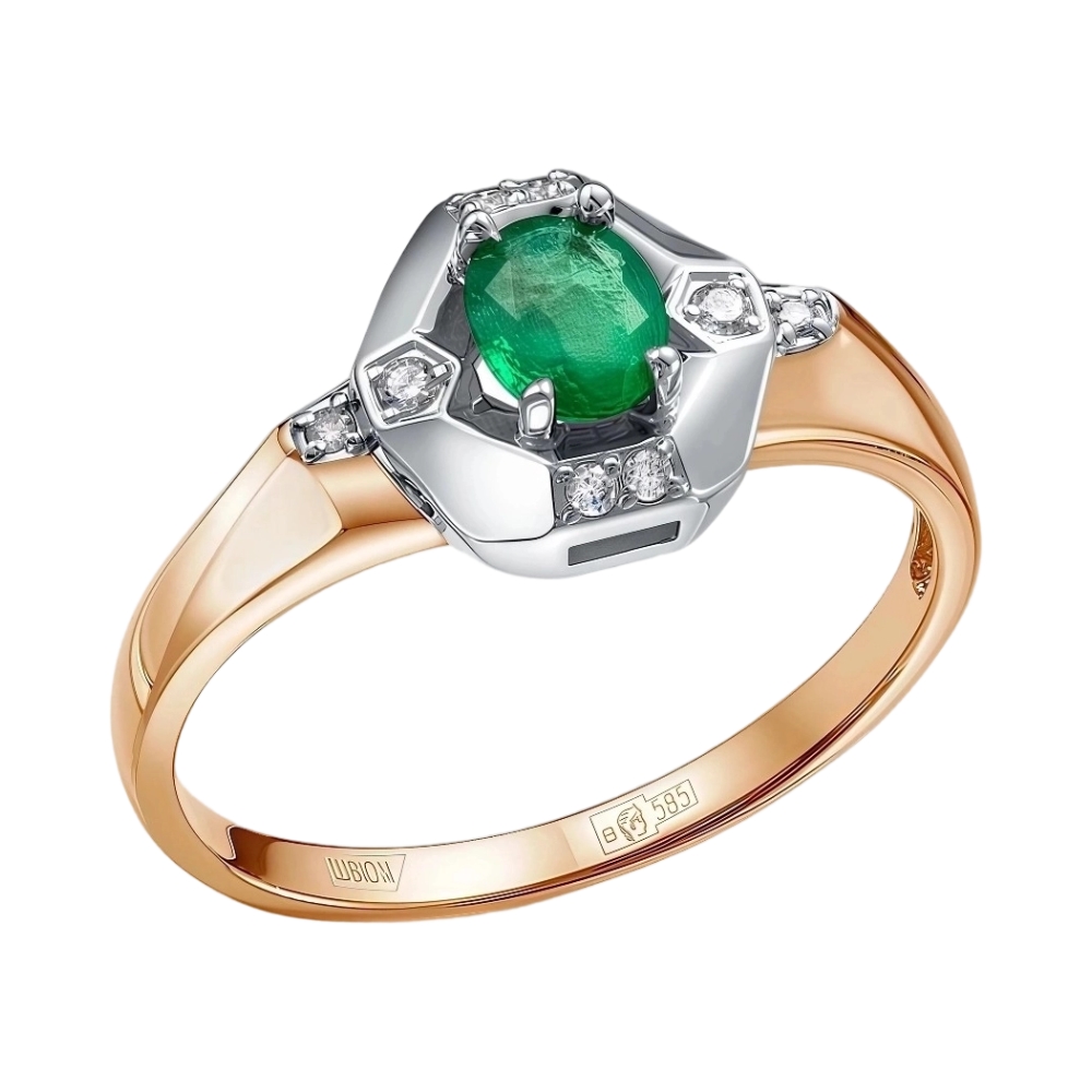 Кольцо из красного золота с изумрудом и бриллиантами Ювелирное изделие - Кольцо из красного золота с изумрудом и бриллиантами в магазине Best-Gold 153714