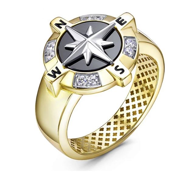 Кольцо из желтого золота с ониксом и фианитами