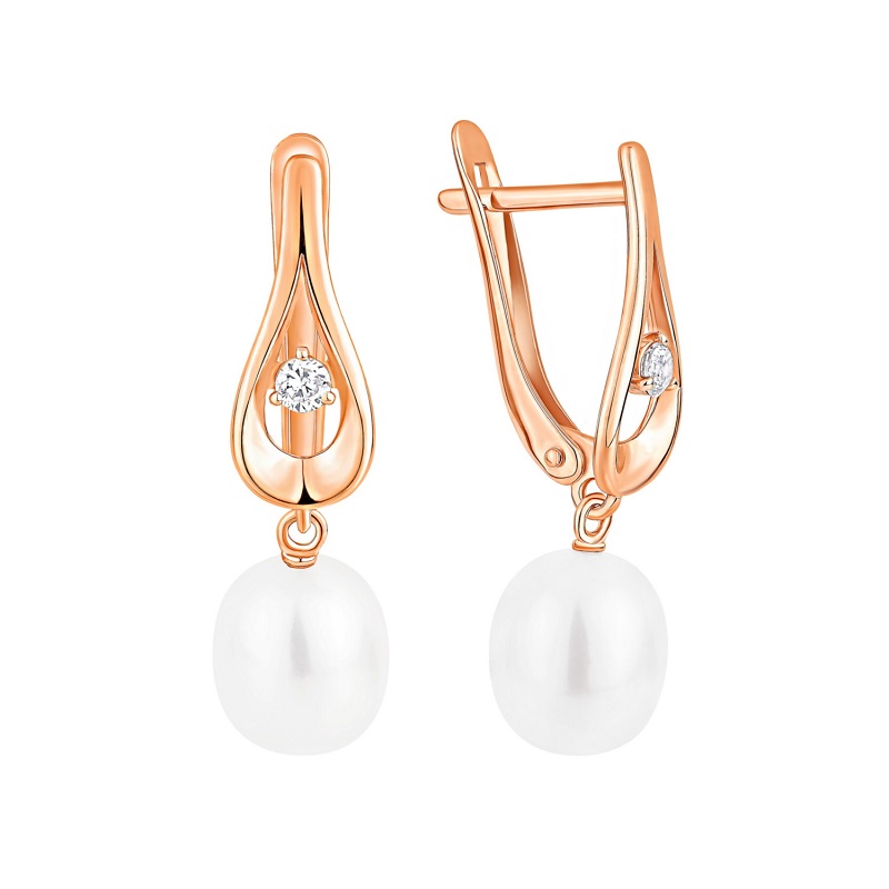 Серьги из красного золота с жемчугом и фианитами Ювелирное изделие - Серьги из красного золота с жемчугом и фианитами в магазине Best-Gold 152947