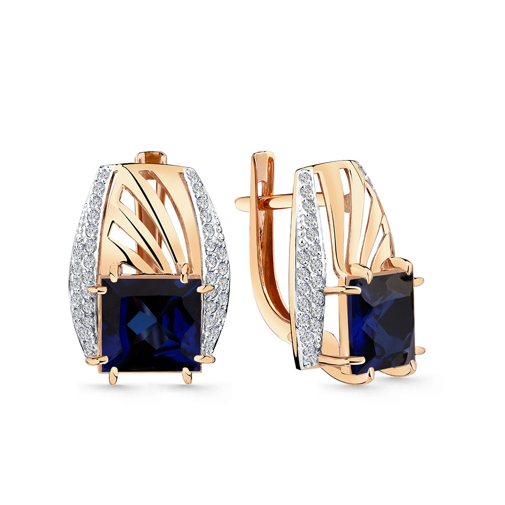 Ювелирное изделие - Серьги из красного золота с сапфиром синтетическим и фианитами в магазине Best-Gold 151668