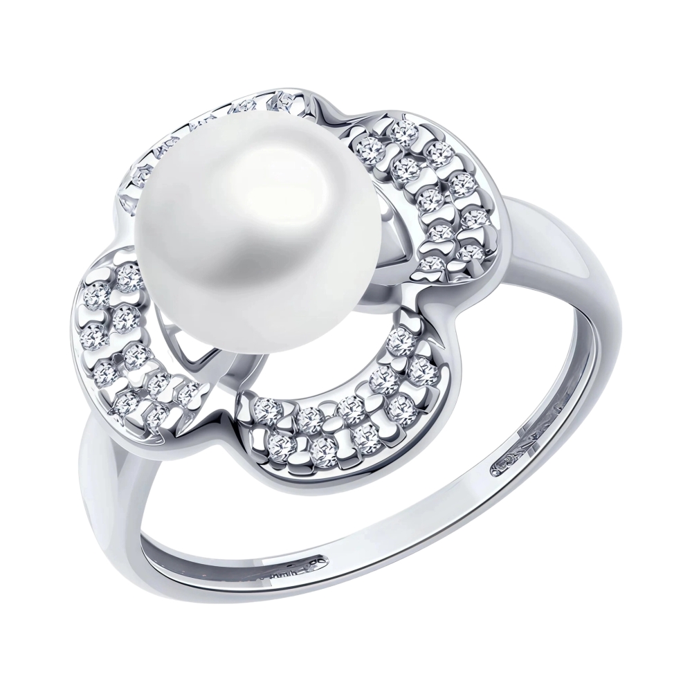 Ювелирное изделие - Кольцо из серебра с жемчугом и фианитами в магазине Best-Gold 152533