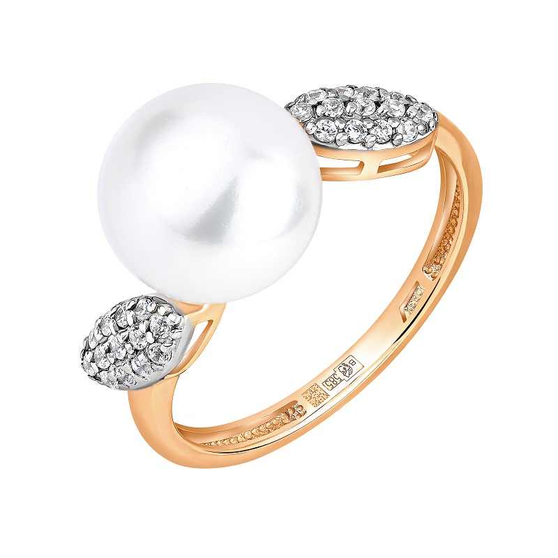 Ювелирное изделие - Кольцо из красного золота с жемчугом и фианитами в магазине Best-Gold 144102