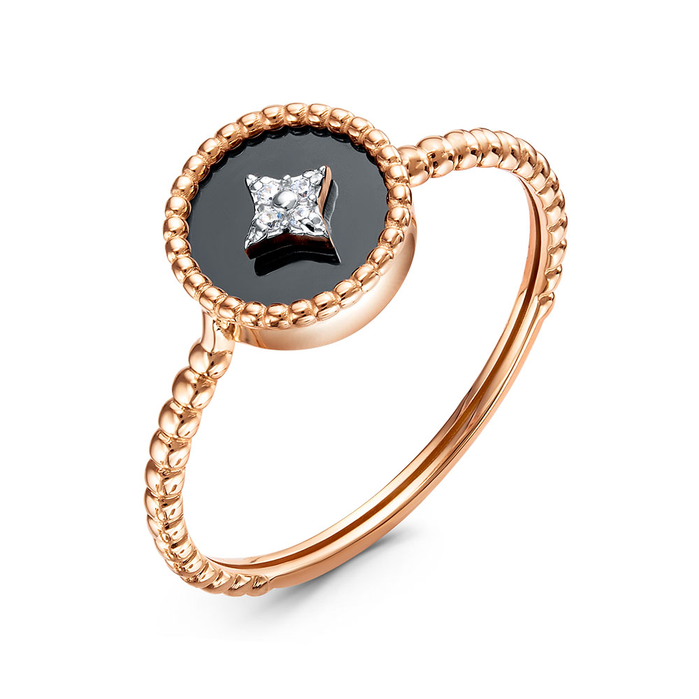 Кольцо из красного золота с фианитами и ониксом Ювелирное изделие - Кольцо из красного золота с фианитами и ониксом в магазине Best-Gold 147635