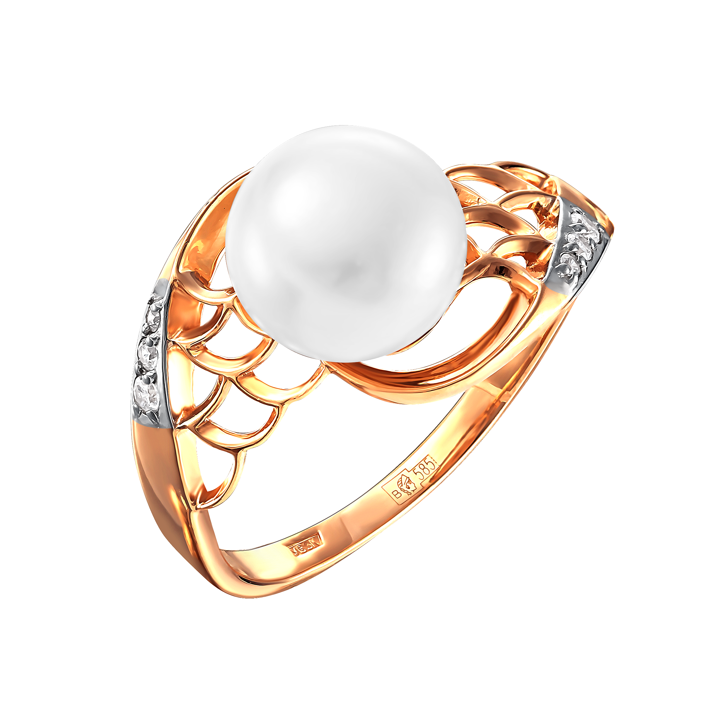 Кольцо из красного золота с жемчугом и фианитами Ювелирное изделие - Кольцо из красного золота с жемчугом и фианитами в магазине Best-Gold 109913
