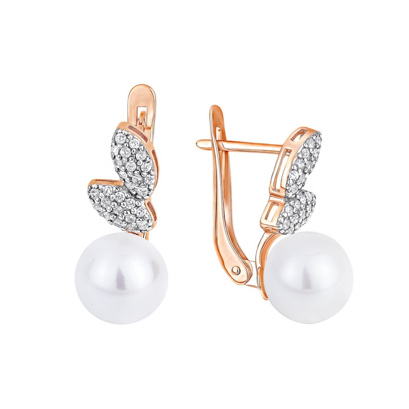 Серьги из красного золота с жемчугом и фианитами Ювелирное изделие - Серьги из красного золота с жемчугом и фианитами в магазине Best-Gold 144154