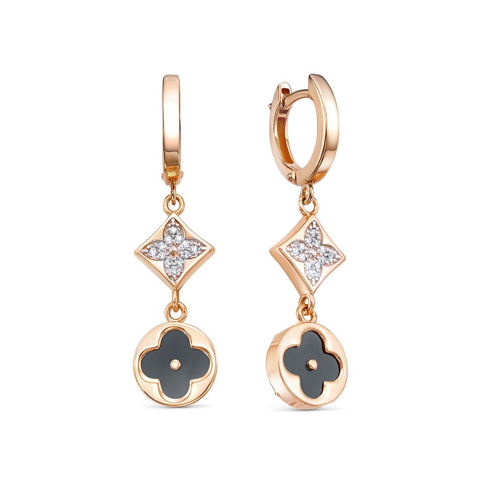 Серьги из красного золота с ониксом и фианитами Ювелирное изделие - Серьги из красного золота с ониксом и фианитами в магазине Best-Gold 142192