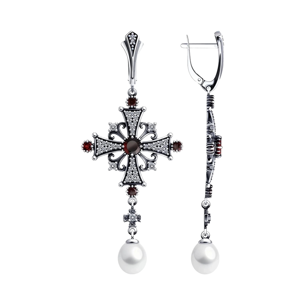 Серьги из серебра с гранатом,жемчугом и фианитами Ювелирное изделие - Серьги из серебра с гранатом,жемчугом и фианитами в магазине Best-Gold 152609