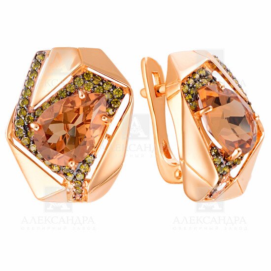Серьги из красного золота с цитринами и фианитами Ювелирное изделие - Серьги из красного золота с цитринами и фианитами в магазине Best-Gold 034578