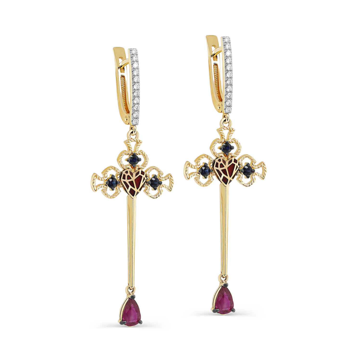 Ювелирное изделие - Серьги из жёлтого золота с бриллиантами,рубинами и сапфирами в магазине Best-Gold 080802