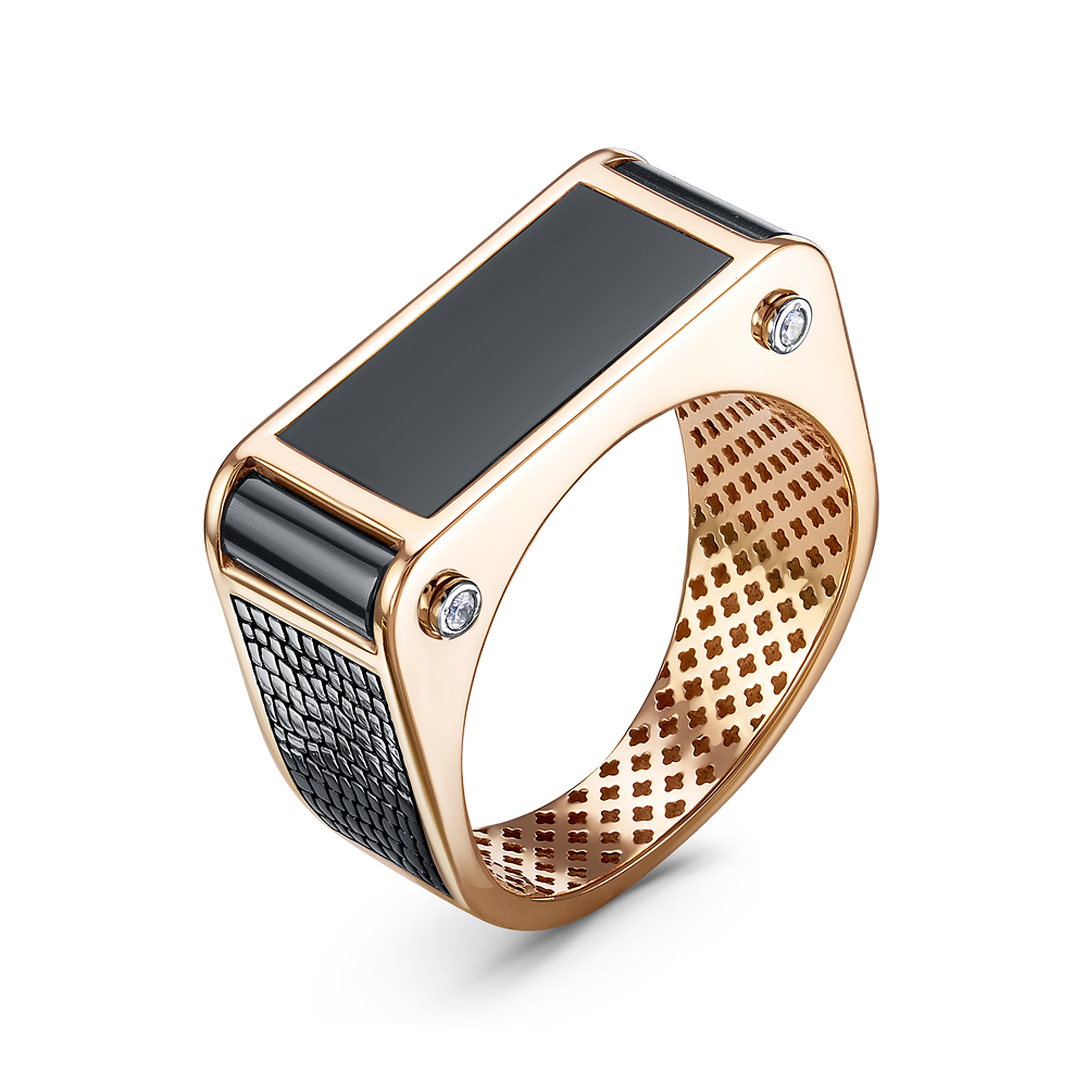 Печатка мужская из красного золота с ониксом и фианитами Ювелирное изделие - Печатка мужская из красного золота с ониксом и фианитами в магазине Best-Gold 034908