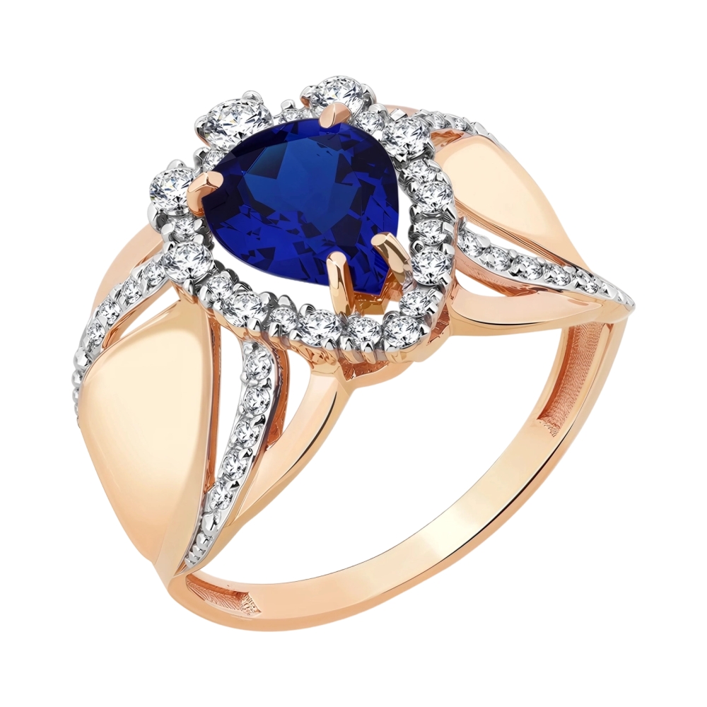 Кольцо из красного золота с сапфиром синт. и фианитами Ювелирное изделие - Кольцо из красного золота с сапфиром синт. и фианитами в магазине Best-Gold 151662