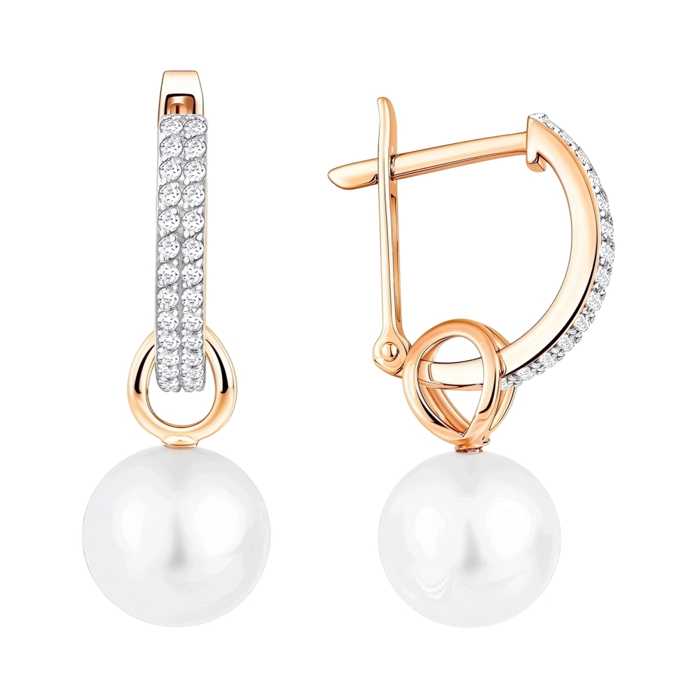 Серьги из красного золота с жемчугом и фианитами Ювелирное изделие - Серьги из красного золота с жемчугом и фианитами в магазине Best-Gold 152949