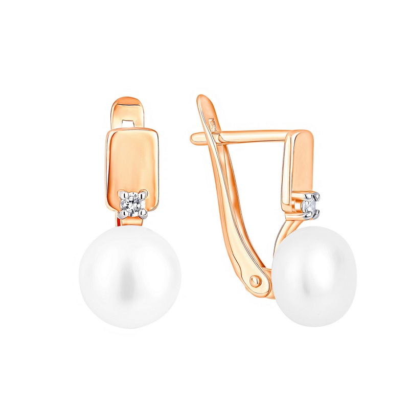 Серьги из красного золота с жемчугом и фианитами Ювелирное изделие - Серьги из красного золота с жемчугом и фианитами в магазине Best-Gold 152945