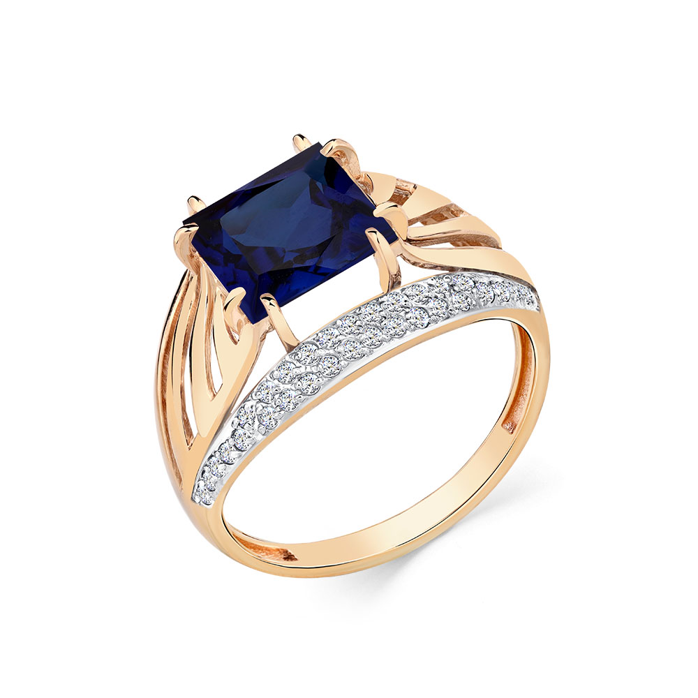 Ювелирное изделие - Кольцо из красного золота с сапфиром синтетическим и фианитами в магазине Best-Gold 151663