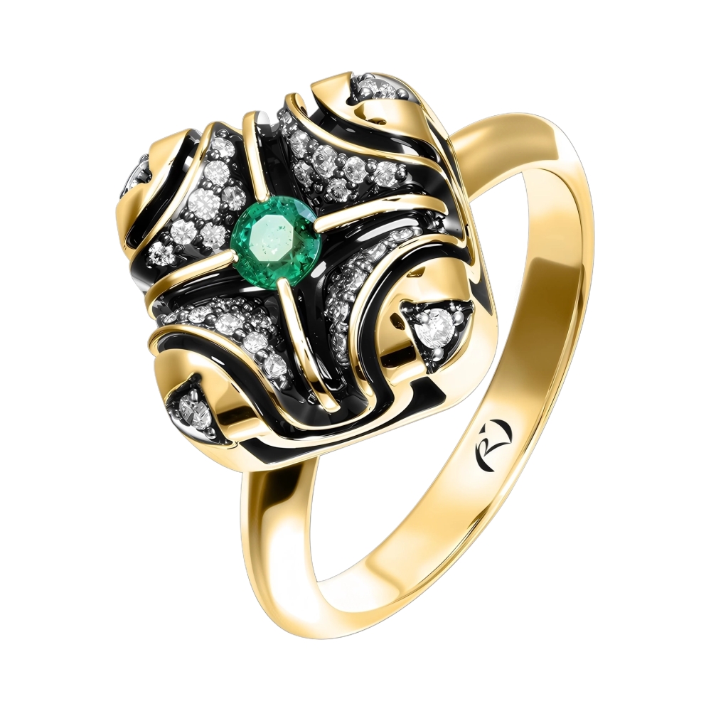 Ювелирное изделие - Кольцо из желтого золота с изумрудом и бриллиантами в магазине Best-Gold 151059